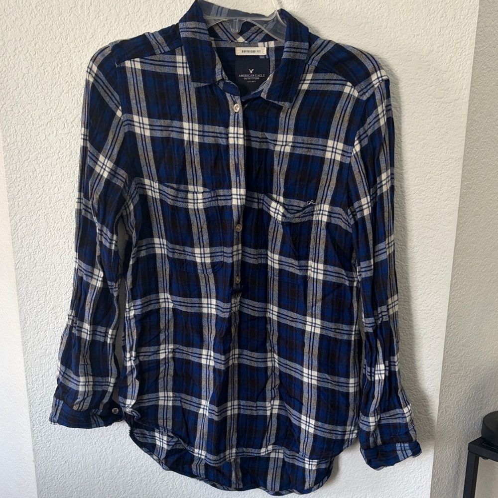 Blue and White Plaid Button-Up Boyfriend Fit Flannel